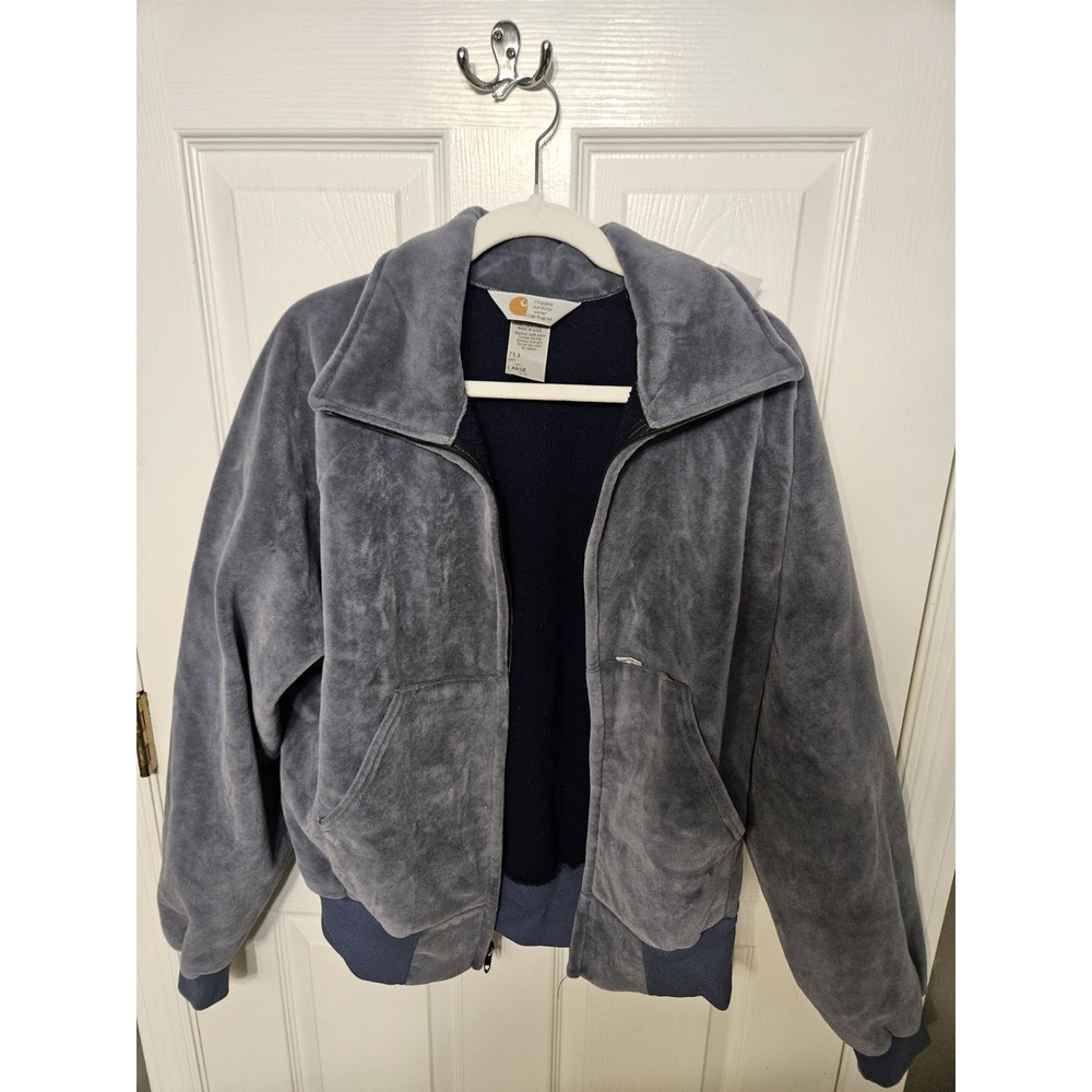 Vintage Carhartt Velour Fleece Bomber Jacket 753 Grey Blue Men's Large 80s 90s
